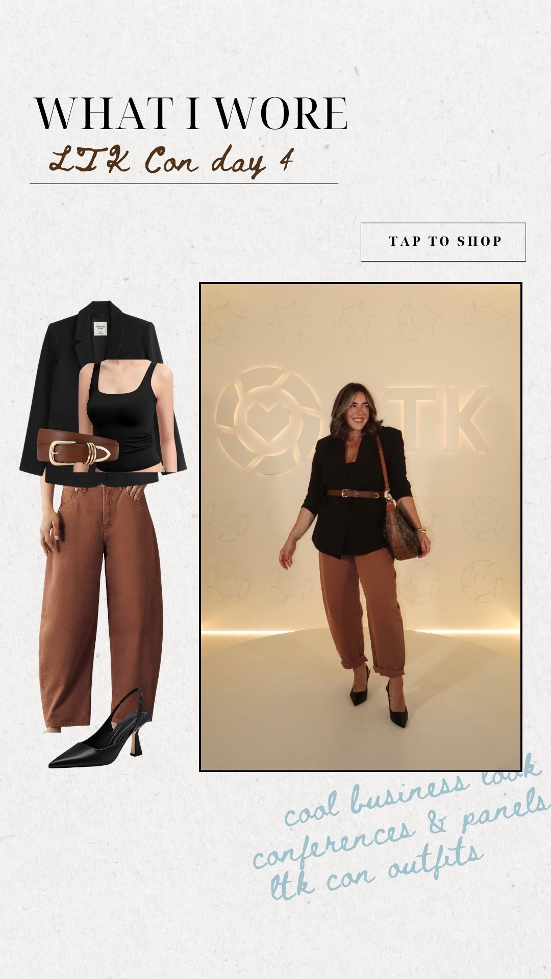 What I wore day 4 of LTK con! I think this is my fav outfit of the trip! It's so me. If I went into an office this is what I would wear. I feel like such a boss babe in this but still boho chic. 
Size up in the blazer for a more oversized look 
I’m wearing a size 10 in the pants - no stretch 

#LTKWorkwear #LTKCon #LTKStyleTip