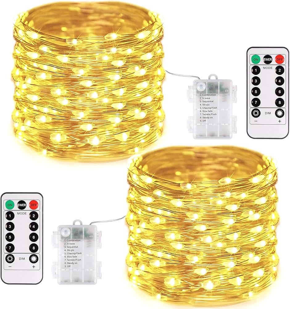 JMEXSUSS 2 Pack 200 LED Fairy Lights Battery Operated, 66Ft Christmas Fairy Lights with Remote, 8... | Amazon (US)