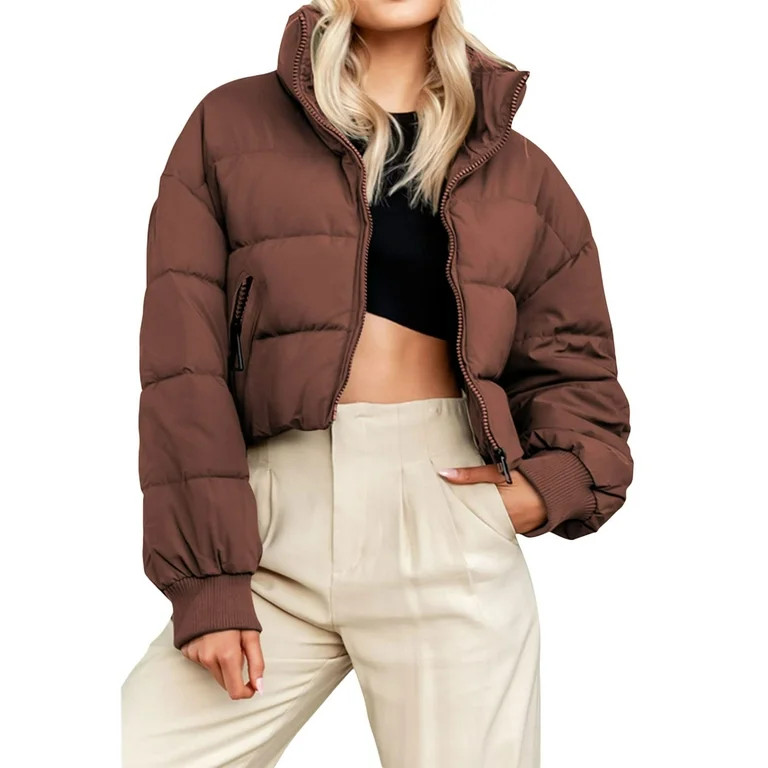 Shunvnny Womens Juniors Cropped Quilted Puffer Jacket Coats Stand Collar Zipper Padding Warm Ligh... | Walmart (US)