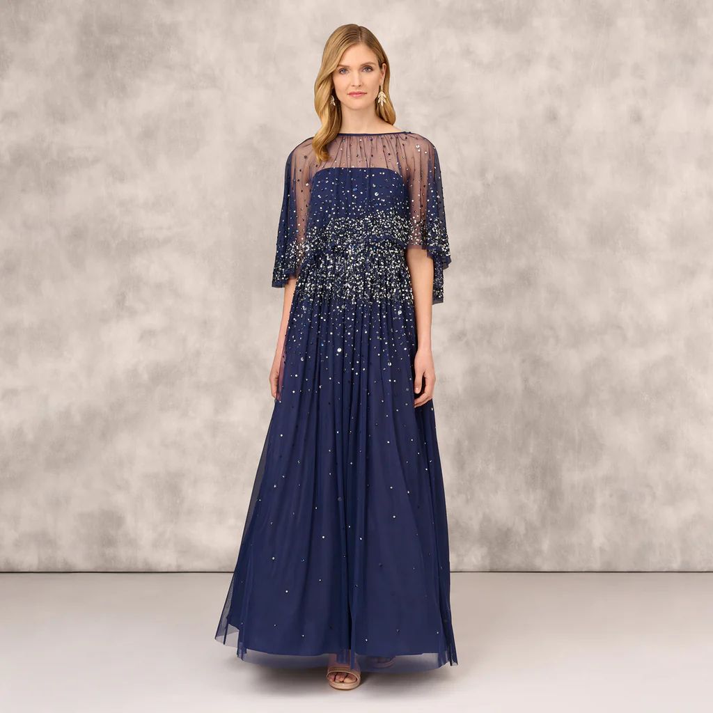 Beaded Strapless Gown With Sheer Removable Cape In Navy | Adrianna Papell