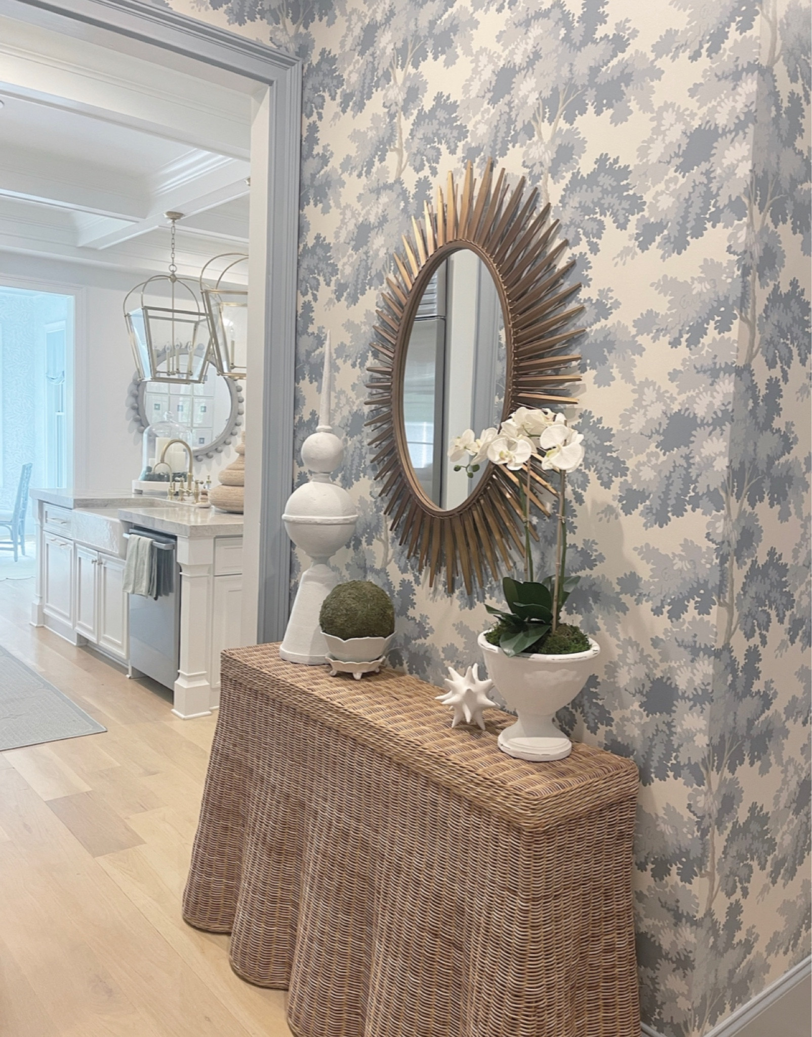 Coastal Grandmillenial mudroom inspo design decor 
Sunburst mirror 
Woven rattan console 
Drop in orchid 
Shelfie decor 
Lantern pendant 
Beaded round wall mirror 
Shelf styling 

#LTKunder100 #LTKhome #LTKstyletip