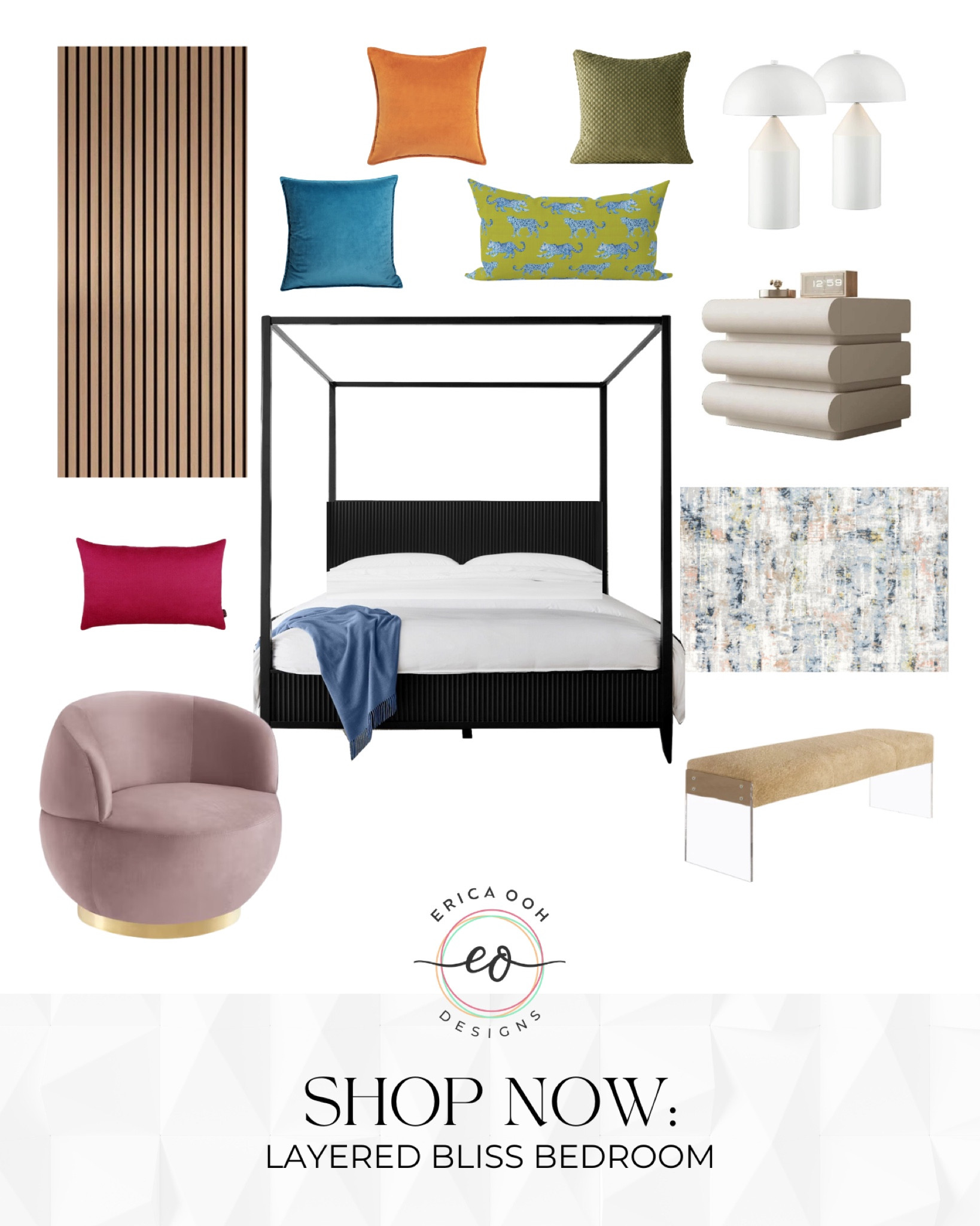 This gender-neutral bedroom with pops of color is perfect for couples who want a space that’s stylish and feels uniquely theirs. #bedroomdesign #canopybed #swivelaccentchair 

#LTKFallSale #LTKMens #LTKHome