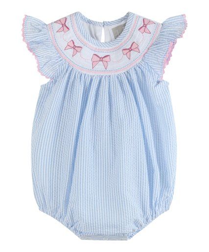 Lil Cactus Blue Stripe Seersucker Bow Appliqué Smocked Angel-Sleeve Romper - Infant & Toddler | Zulily