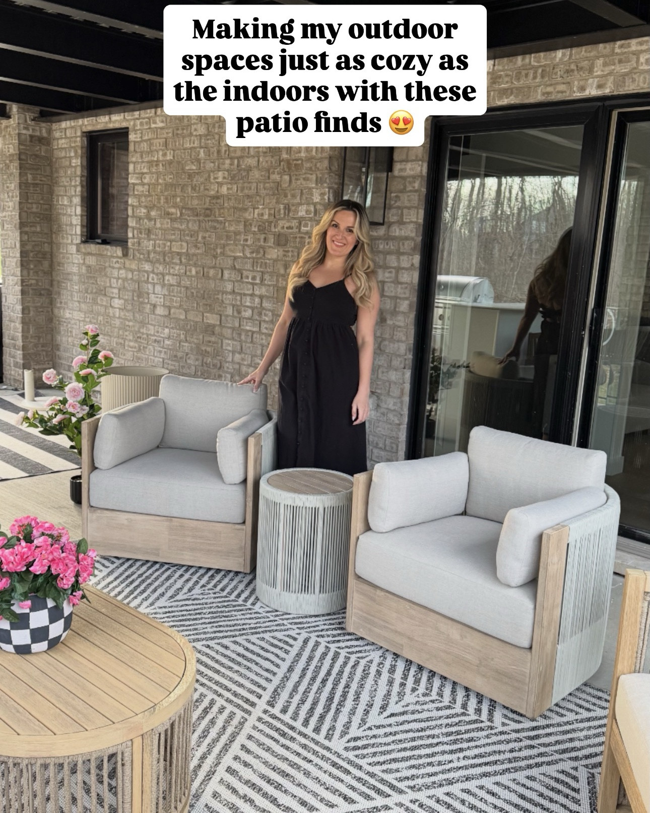 Outdoor seating . Rope swivel chairs and tables. Black and white outdoor rugs. Fire pit. Outdoor bar stools. 

#LTKSaleAlert #LTKHome