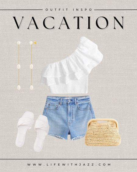 Simple vacation/warm weather outfit inspo 🤍  linked to other vacation/resort wear items, Abercrombie items are on sale this weekend for 15% off [sale ends 2/19]

Ruffle top  / one shoulder top / denim shorts / pearl earrings / white block sandals / straw clutch / purse / bag / resort / beach

#LTKsalealert #LTKstyletip #LTKtravel