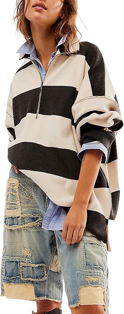 Oversized Sweater for Women Quarter Zip Pullover Long Sleeve Color Block Loose Knit Y2k Turtlenec... | Amazon (US)