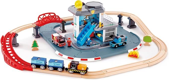 Hape Emergency Services HQ | 2-in-1 Police and Fire Station Complete Play Set with Vehicles and A... | Amazon (US)