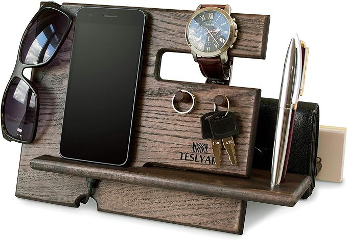 Wood Phone Docking Station Ash Key Hooks Holder Wallet Stand Watch Organizer Men Gift Husband Ann... | Amazon (US)