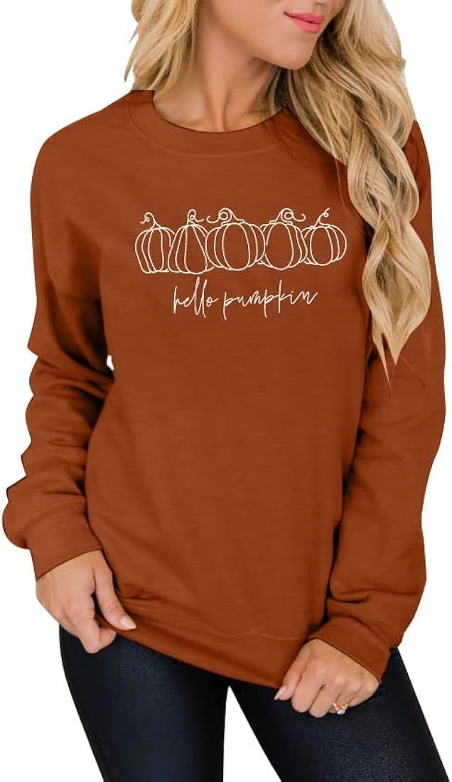 Hello Pumpkin Sweatshirt Women Fall Pumpkin Shirt Letter Print Pumpkin Patch Shirt Thanksgiving G... | Amazon (US)