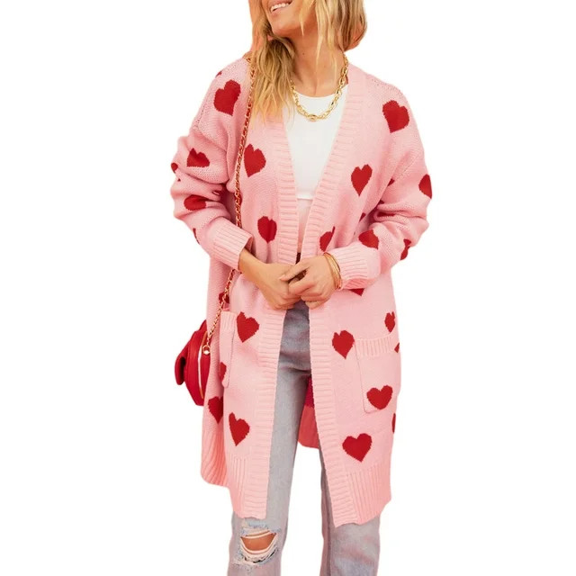 Arvbitana Women's Knit Long Cardigans Heart Print Long Sleeve Open Front Sweater Coat with Pocket... | Walmart (US)
