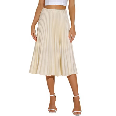 INSPIRE CHIC Women's Pleated Elastic High Waist A-line Swing Pleated Midi Skirts Beige Medium | Target