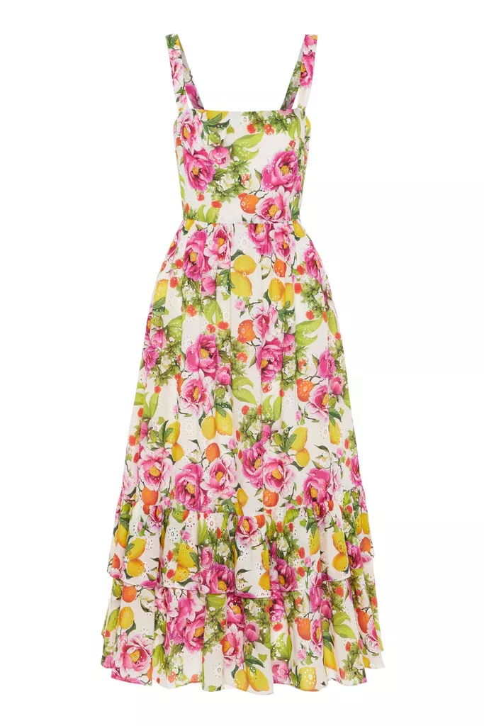 Strapless Gathered Bodice Midi Dress in Yellow Floral