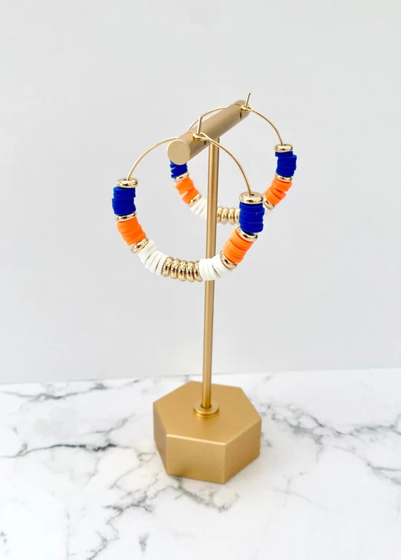 The Leilani Hoops | Blue Orange and White Heishi Beaded Lightweight Hoop Earrings | Football, NFL... | Etsy (US)