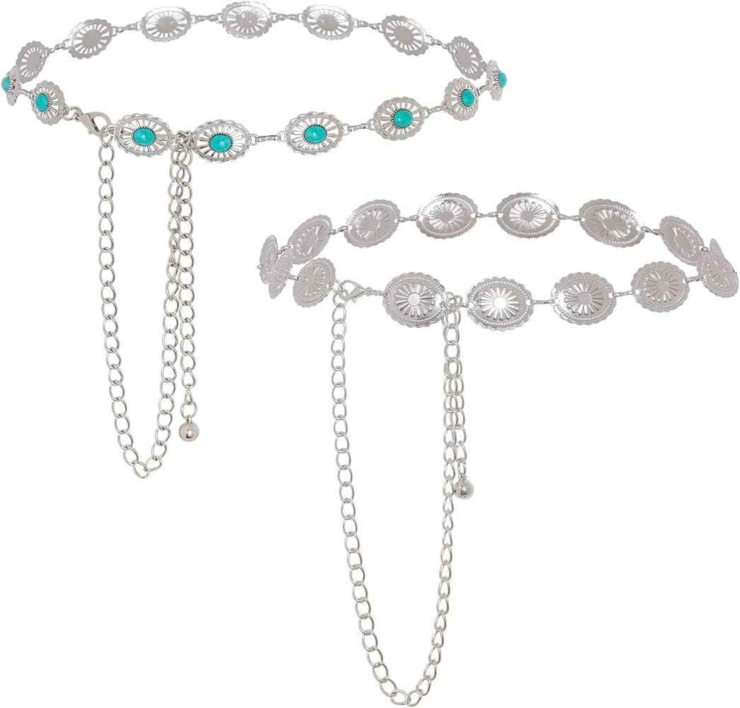 obmwang 2 Pcs Women Concho Western Chain Belts Turquoise Chain Belts Adjustable Metal Waist Belt ... | Amazon (CA)