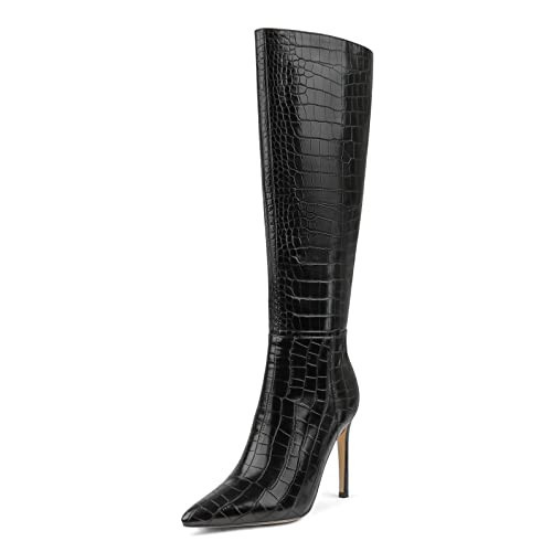 MERUMOTE Women's Knee High Boots Pointed Toe Buckle Side Zipper Stiletto Boots Black Crocodile-print US9.5 | Amazon (US)