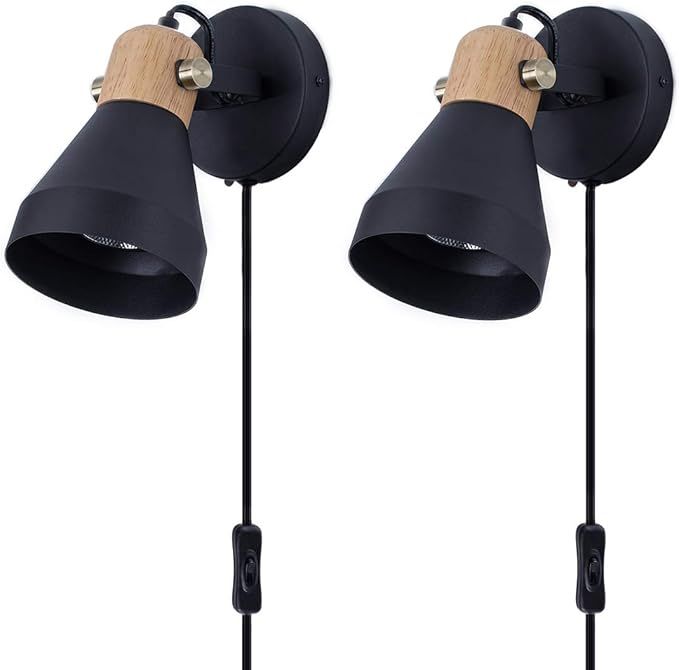 Wall Lamp with Plug in Cord Set of 2, Matte Black Rotatable Wall Light with Wooden Accent for Bed... | Amazon (US)