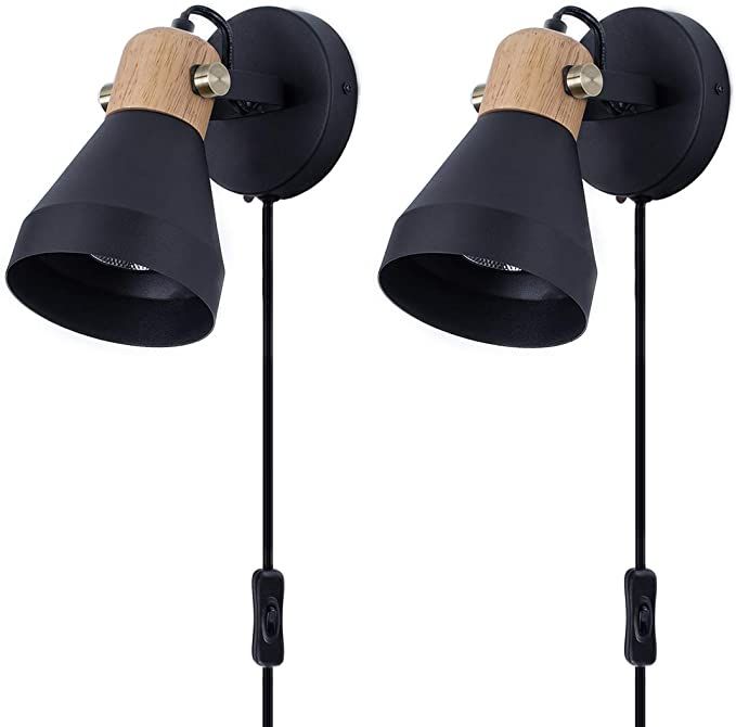 Wall Lamp with Plug in Cord Set of 2, Matte Black Rotatable Wall Light with Wooden Accent for Bed... | Amazon (US)