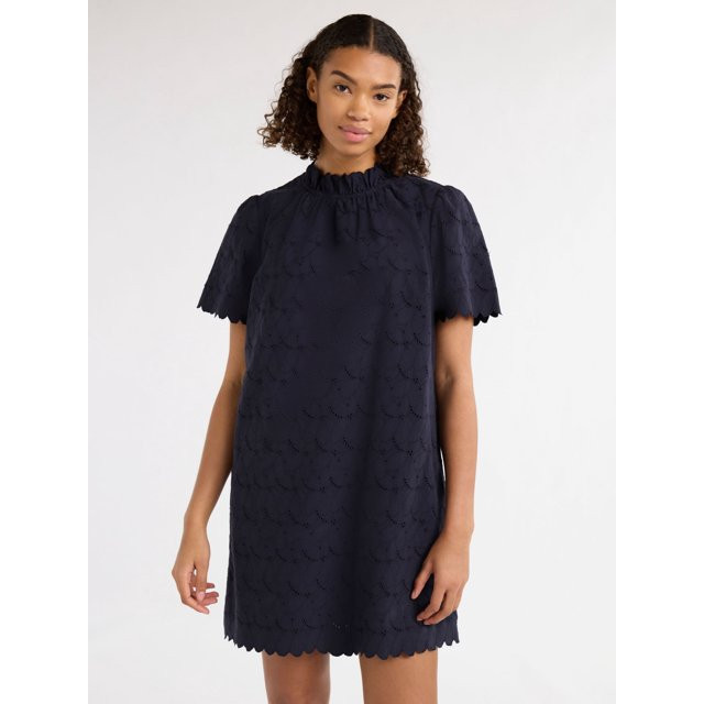 Free Assembly Women’s and Women's Plus Ruffle Neck Cotton Eyelet Mini Dress with Short Sleeves,... | Walmart (US)