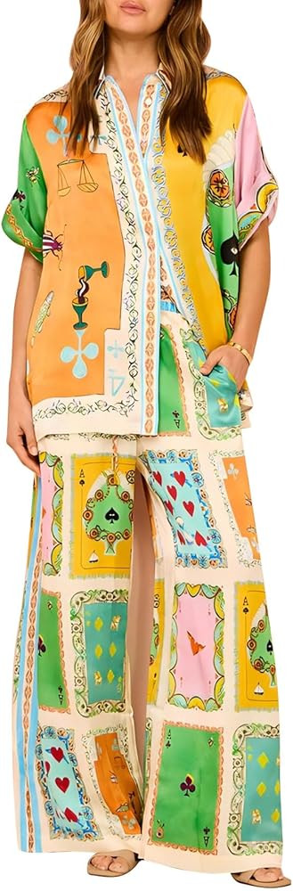 2 Piece Outfits for Women Short Sleeve Button Down Shirt Top Wide Leg Pants Sets Boho Print Pajam... | Amazon (US)