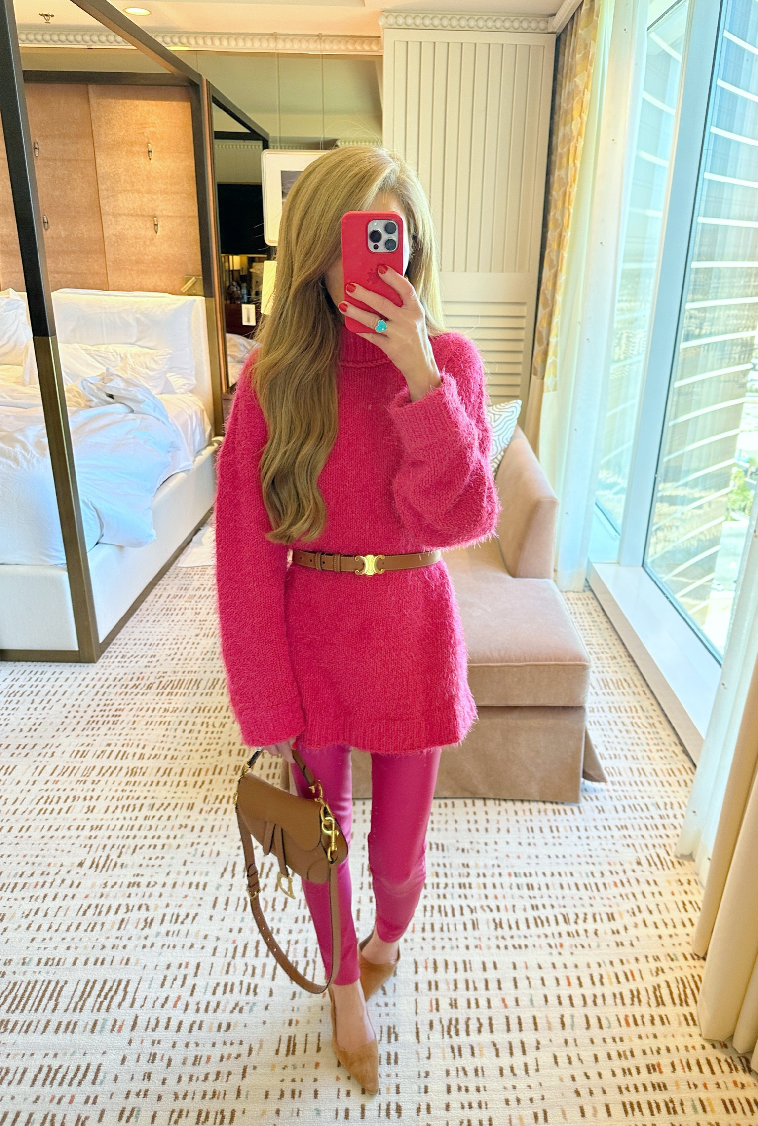 Pink sweater and faux leather leggings for flight home! Wearing xs in both, slingbacks on sale, run true to size 

#LTKfindsunder100 #LTKshoecrush #LTKsalealert
