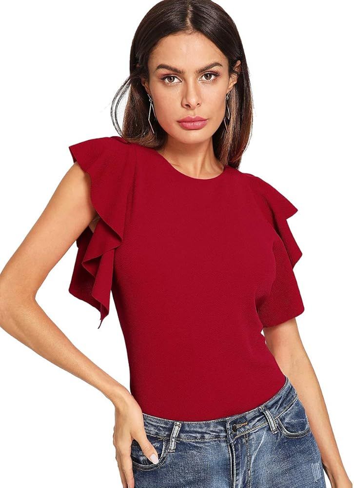Romwe Women's Stretchy Flutter Sleeve Slim Solid Elegant Blouse Top | Amazon (US)