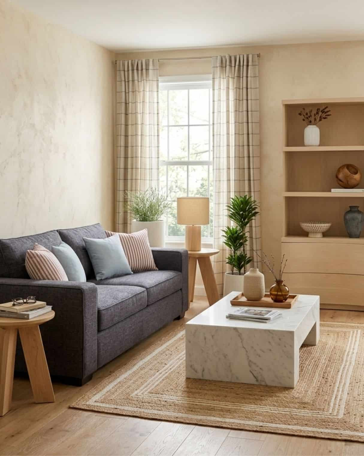 Warm Neutral Small Living Room Design With a Navy Sofa

*Note: This is a digital room mockup showcasing product styling ideas from my room design mood board.

#LTKHome