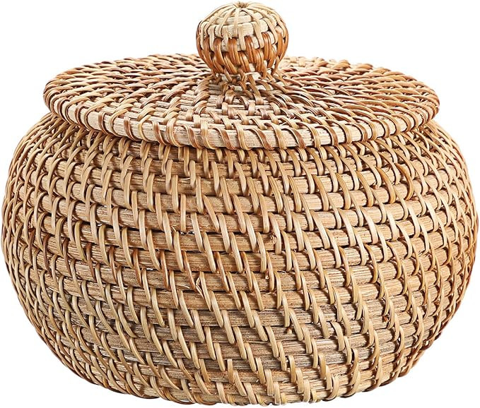 Hipiwe Round Rattan Basket Boxes With Lid Hand-Woven Wicker Storage Baskets Bin Decorative Basket... | Amazon (US)
