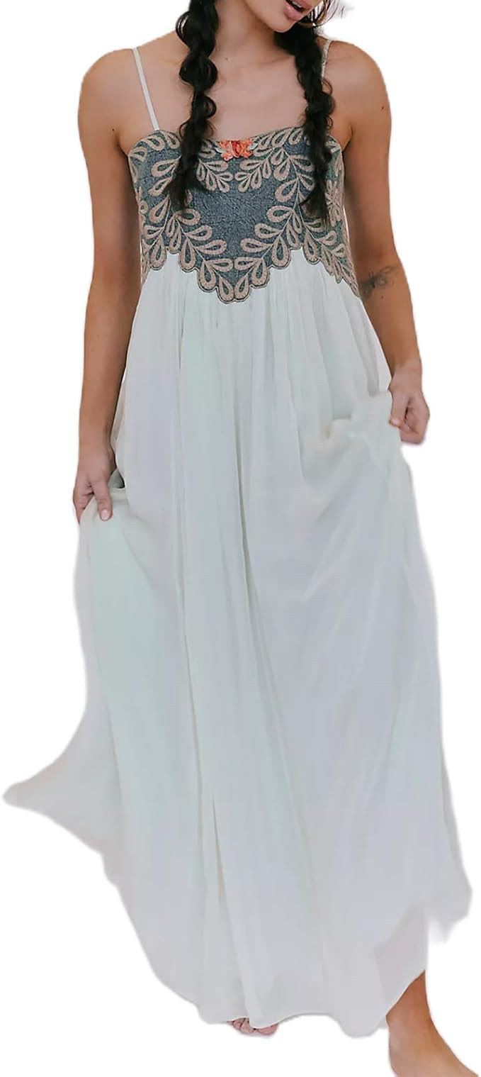 Women Summer Dresses Flowy Smocked Maxi Dress Sleeveless Tie Shoulder Boho Dresses Y2K Floral Bea... | Amazon (US)