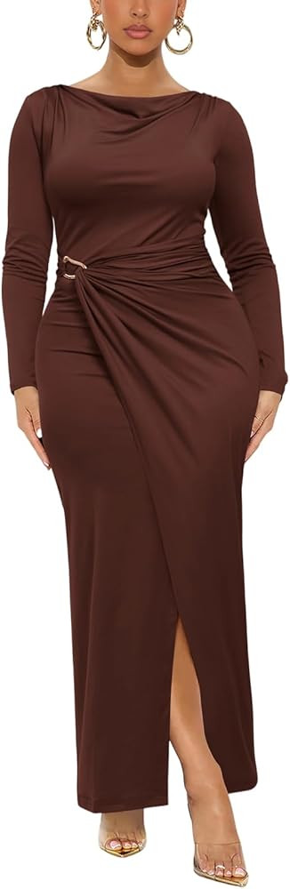 Ekaliy Women's Elegant Bodycon Maxi Dress Long Sleeve Party Cocktail Wedding Guest Dress | Amazon (US)