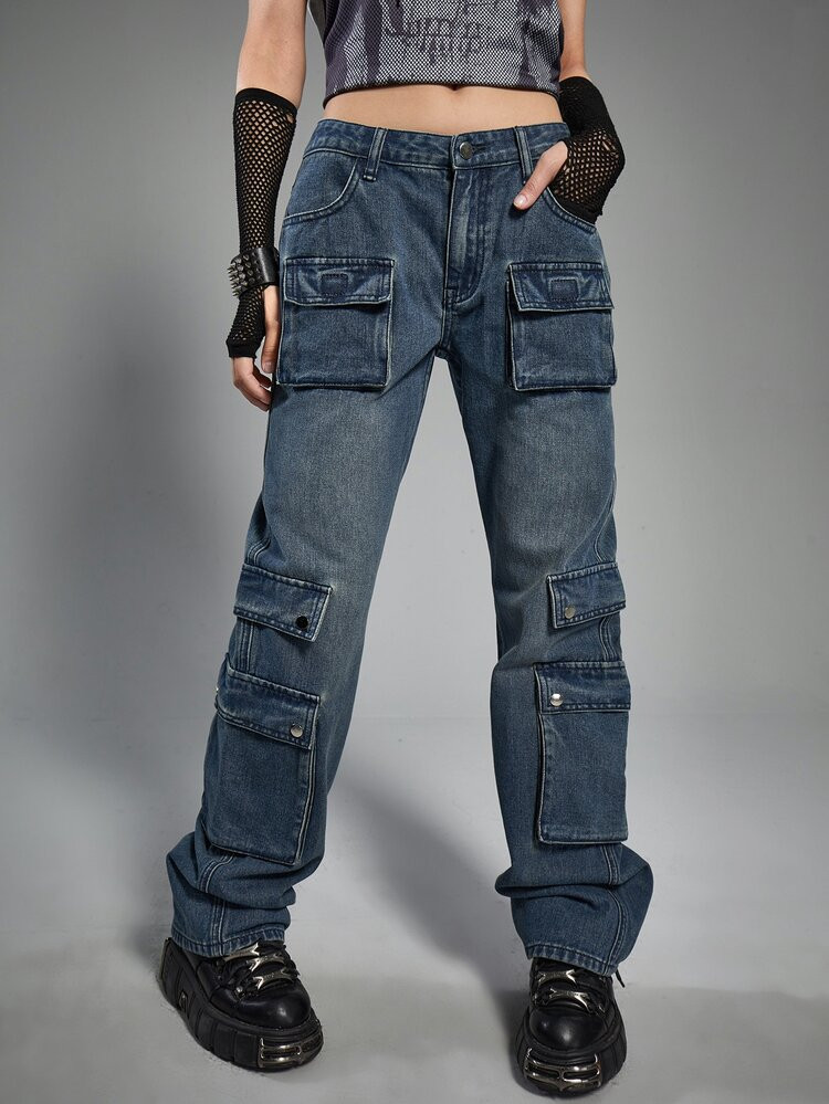 ROMWE Grunge Punk Flap Pocket Cargo Jeans | SHEIN