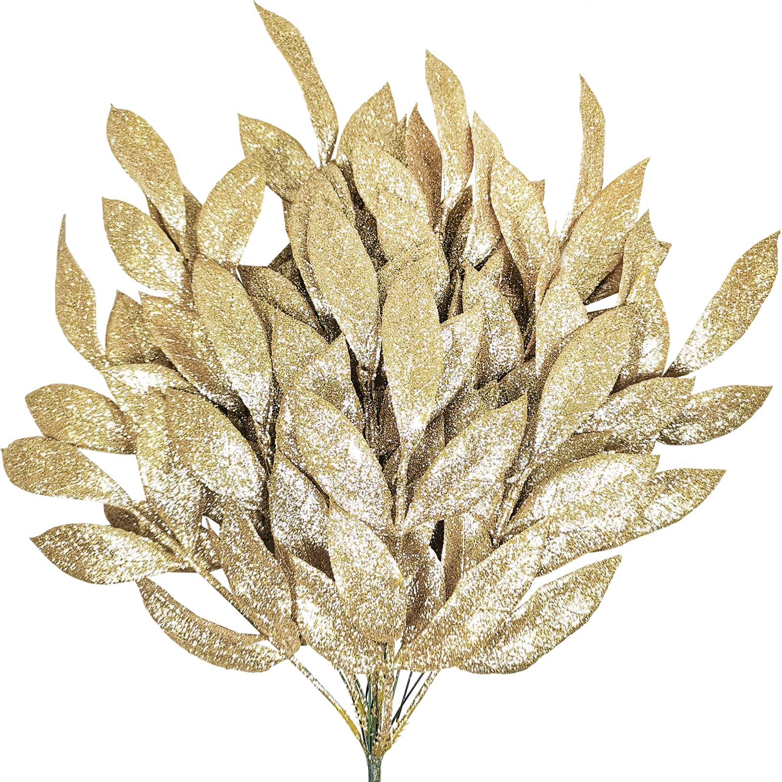 Winlyn 20 Pcs Christmas Artificial Leaf Sprays Champagne Glittered Bay Leaf Picks 12" Tall Christ... | Amazon (US)