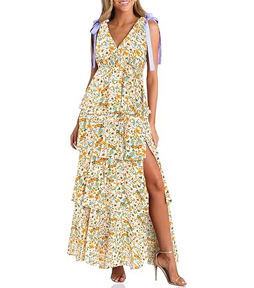 Wenrine Womens Summer Floral Maxi Dress Tie Strap Sleeveless V Neck High Slit Boho Ruffle Tiered ... | Amazon (US)