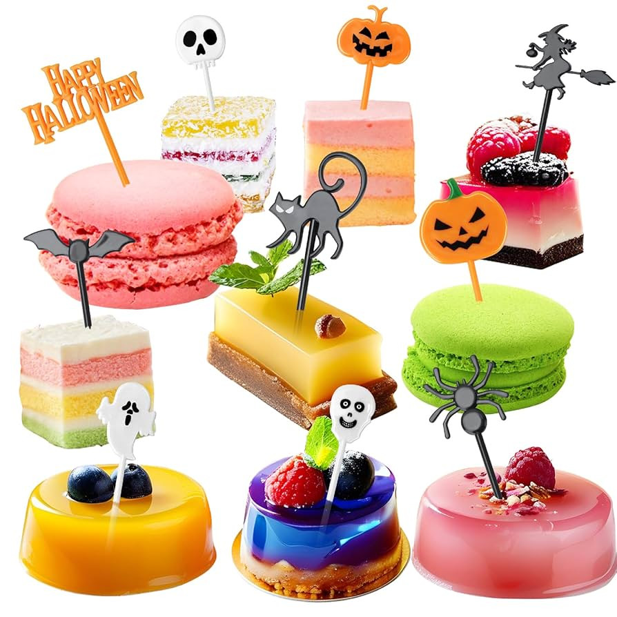50 Plastic Halloween Toothpicks, 10 Styles Halloween Themed Cupcake Topper - Pumpkin Ghost Skull ... | Amazon (US)