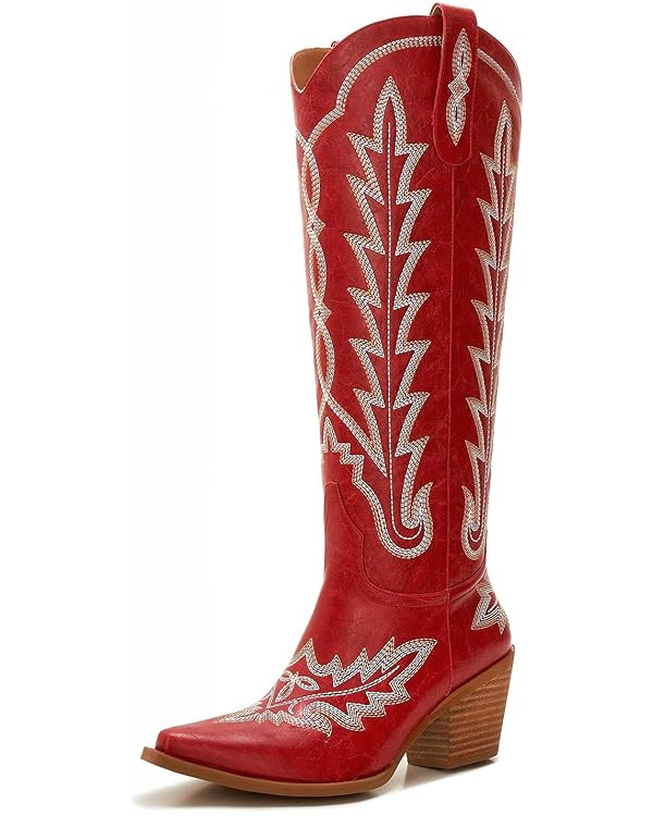 Cowboy Boots For Women - Western Knee High Cowgirl Boots with Snip Toe, 3" Wood Grain Block Heel,... | Amazon (US)