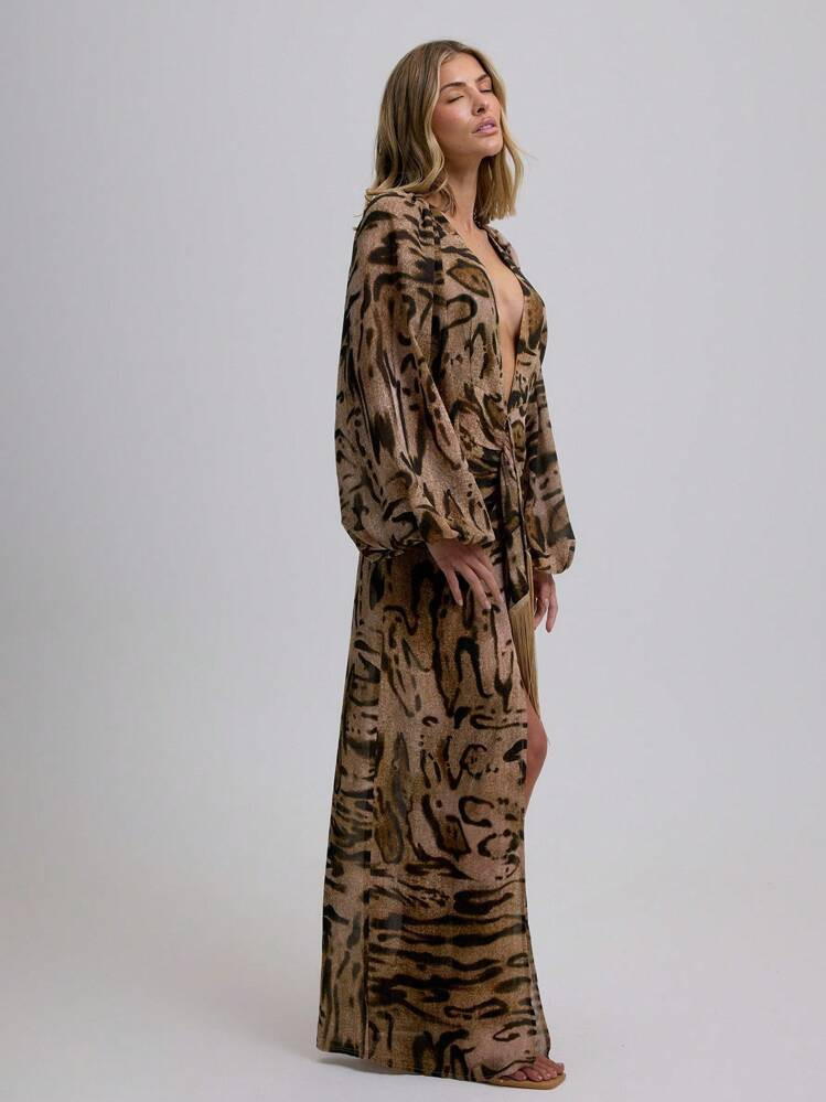 MUSERA Vestido maxi de manga larga con cuello en V profundo, ajuste holgado, detalles con flecos ... | SHEIN