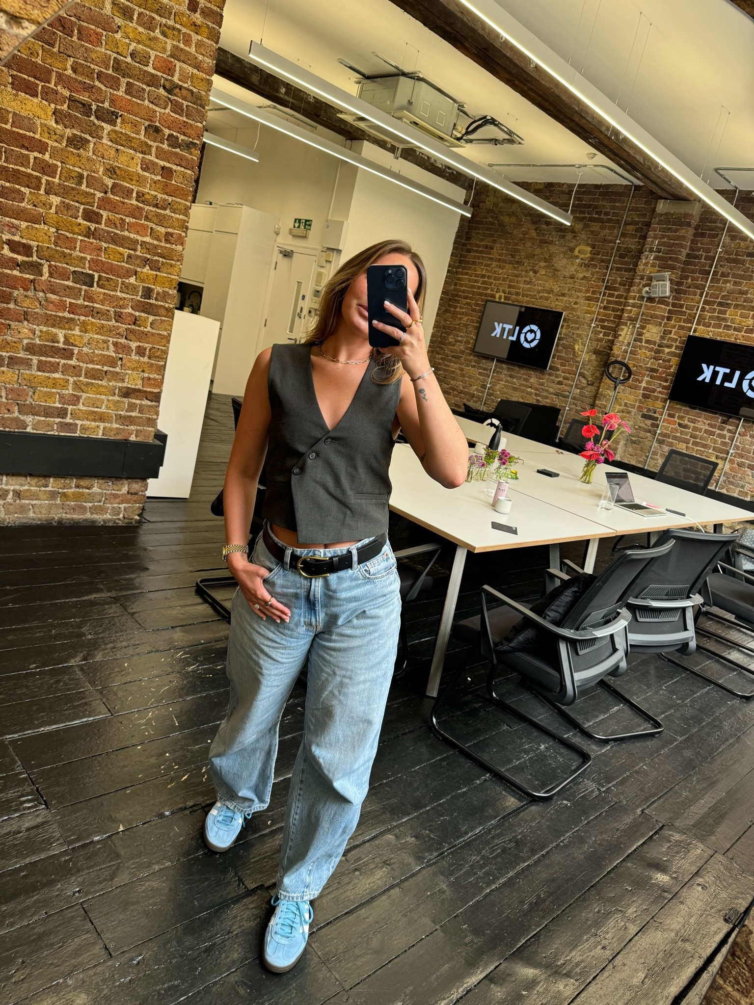 ASOS asymmetrical grey waistcoat, office outfit, free people barrel jeans, adidas handball spezials, workwear, work fit, casual outfit, denim outfit, blue trainers, black belt 

#LTKuk #LTKworkwear #LTKstyletip