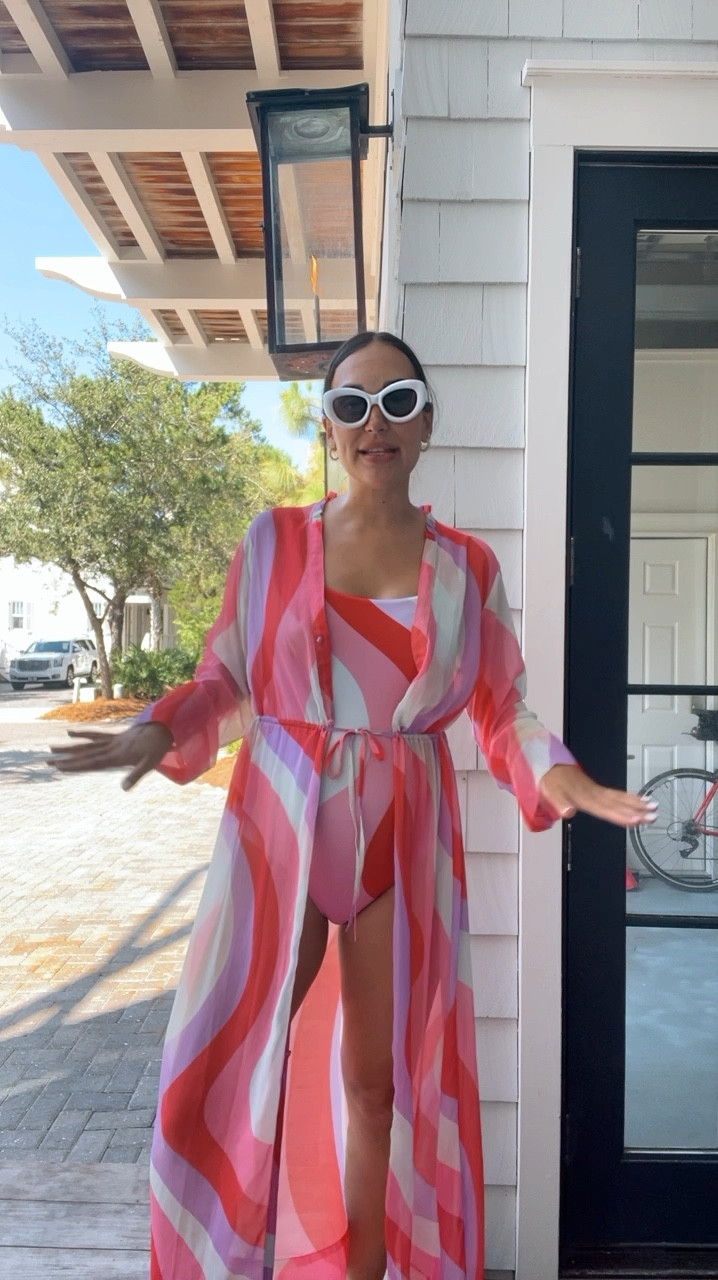 Colorful one piece swimsuit and matching coverup with white sunglasses - so comfortable! 

#LTKSwim