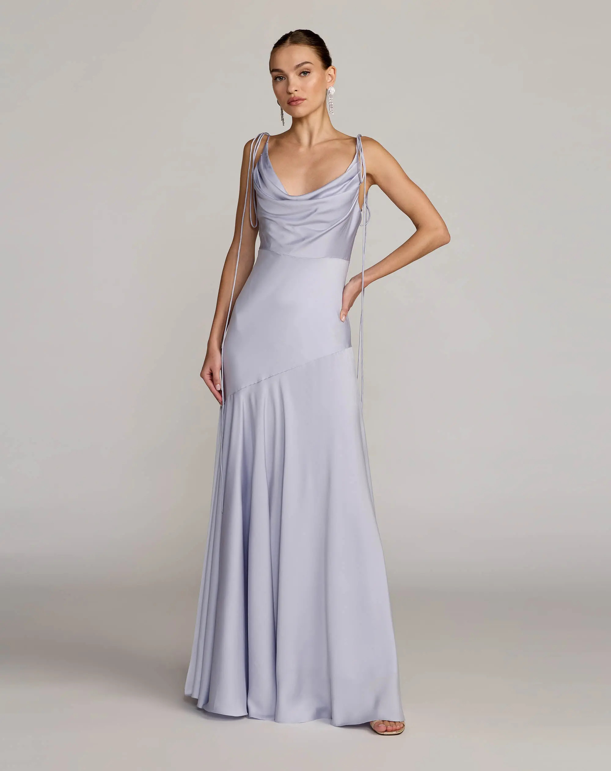 Purple Charmeuse Cowl Neck Gown with Bow Straps | Mac Duggal | Mac Duggal