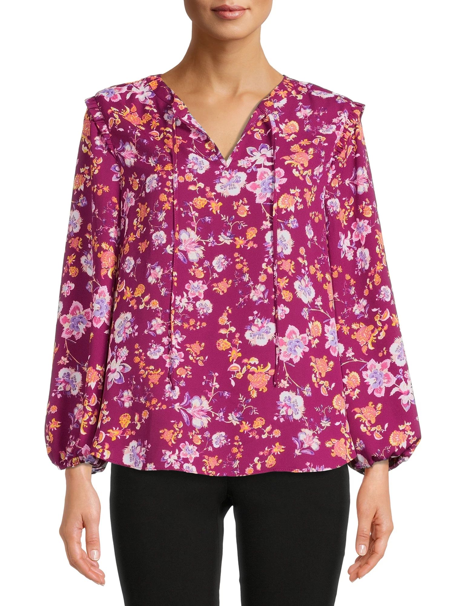 Cooper & Ella Womens Long Sleeve Ruffle Collar Smocked Cuff Blouse - Walmart.com | Walmart (US)