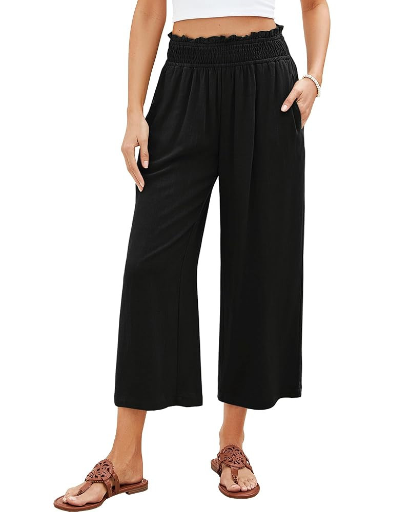 GRAPENT Capri Pants for Women High Waisted Wide Leg Linen Palazzo Trousers Pull On Elastic Smock ... | Amazon (US)