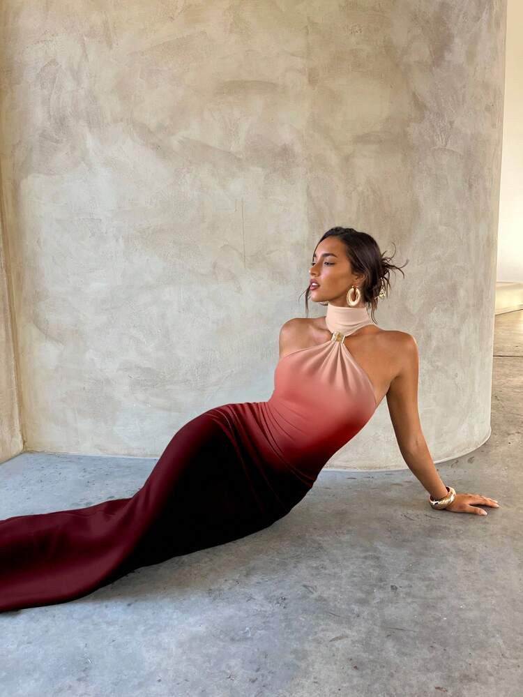 Aloruh Elegantes, sexy, figurbetontes Maxikleid aus schwarzem Strick mit Metallschnallendekor f\u... | SHEIN