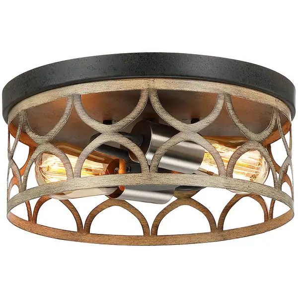 12 in. 2-Light Bronze and Wood Tone Flush Mount Ceiling Light - 12"W - Overstock - 35451831 | Bed Bath & Beyond