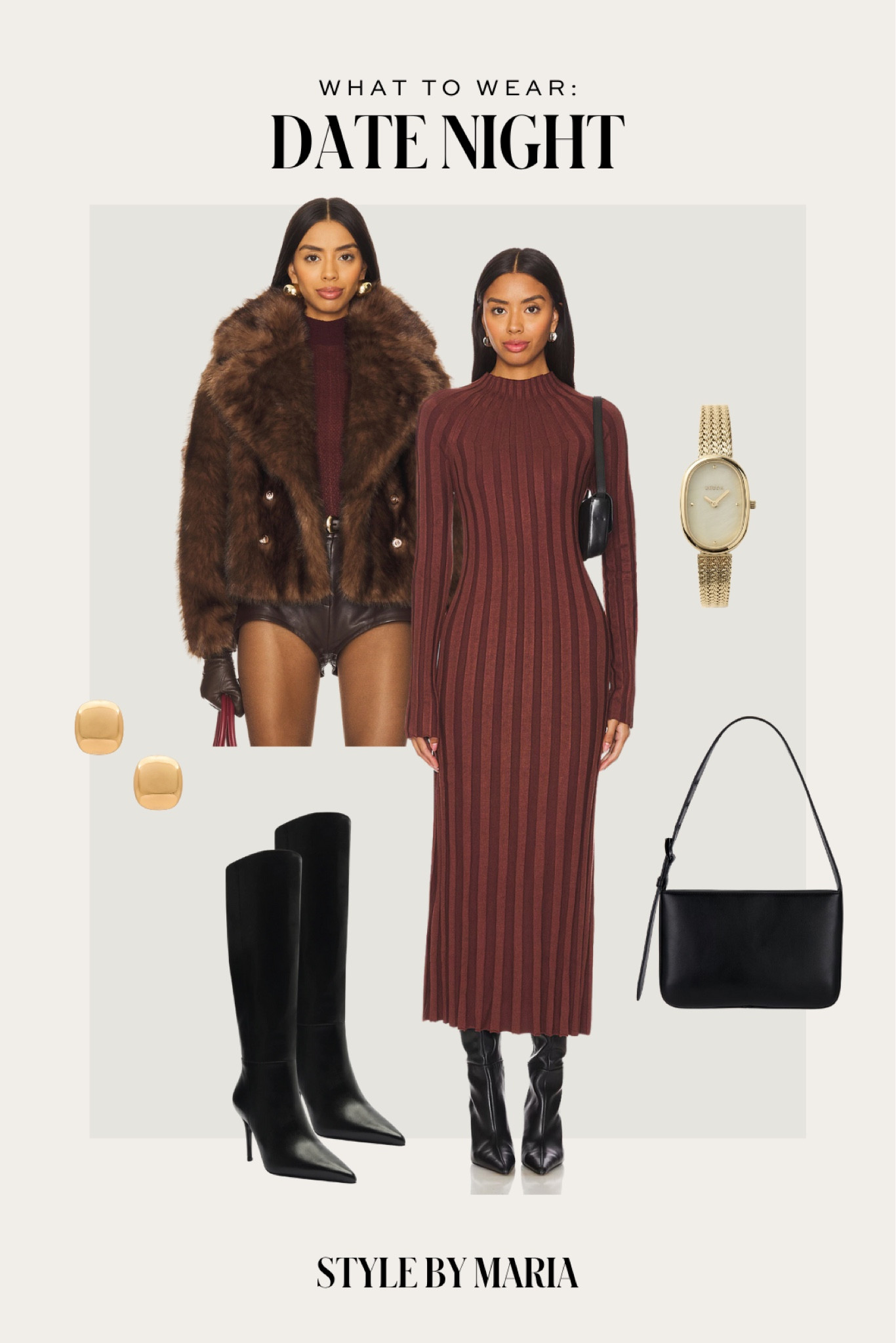 Winter date night outfit
Brown sweater dress
Brown faux fur jacket
Schutz knee high boots 



#LTKStyleTip #LTKShoeCrush #LTKSeasonal