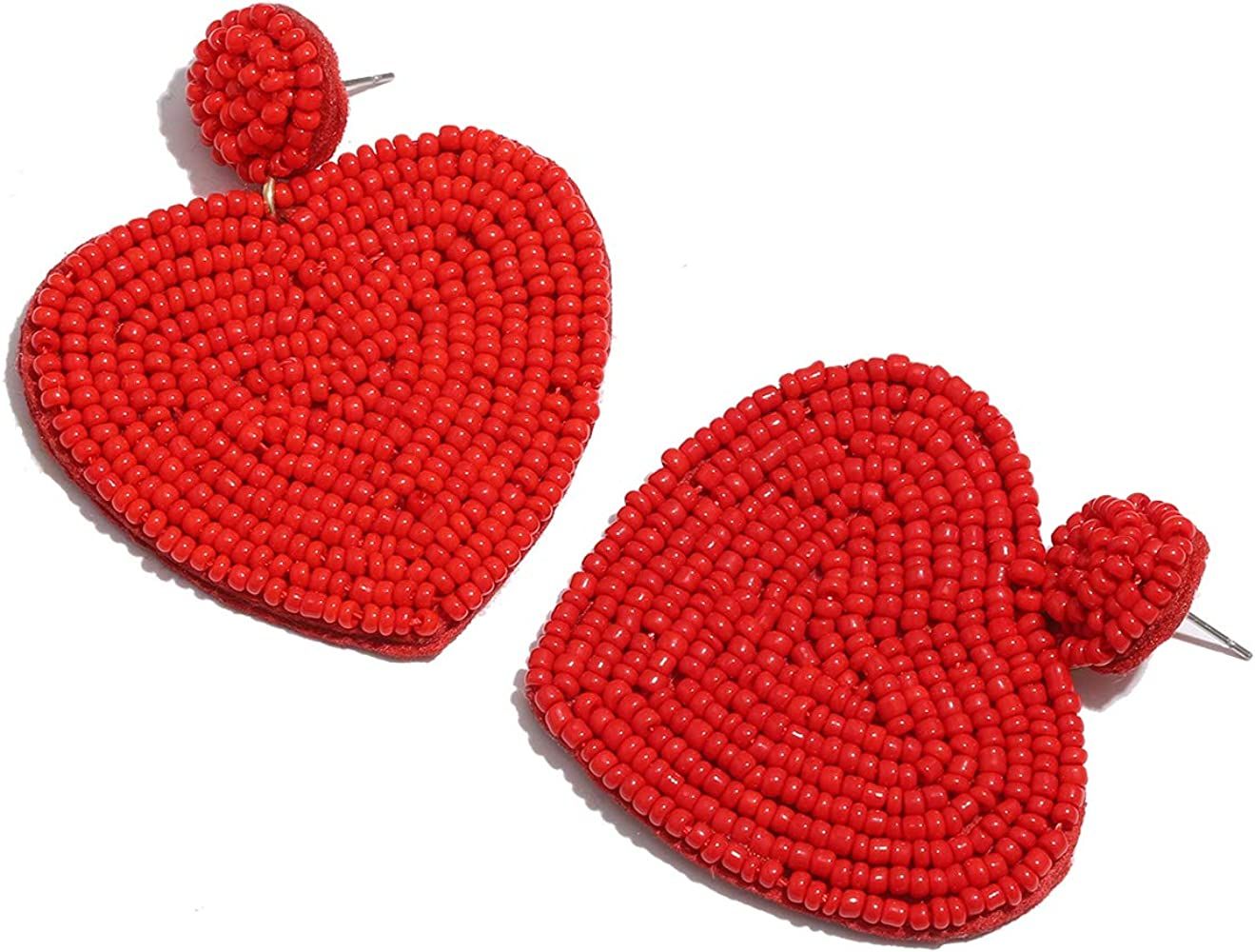 NLCAC NLCAC Beaded Heart Earrings Bohemian Statement Seed Bead Heart Shaped Dangle Drop Earrings Mot | Amazon (US)