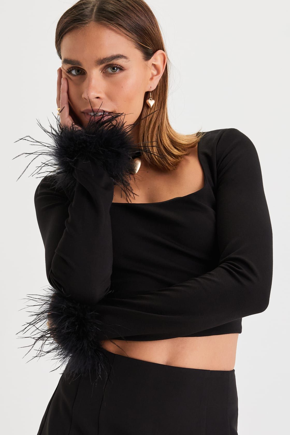 Glam Flirt Black Square Neck Feather Long Sleeve Crop Top | Lulus (US)