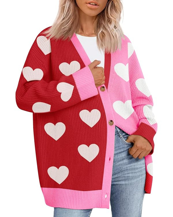 Saodimallsu Womens Heart Cardigan Sweaters Valentines Oversized Winter Color Block Button Up Cute... | Amazon (US)