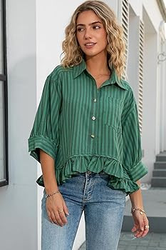 CHYRII Womens Summer Tops Dressy Casual Blouse Top Ruffled Short Sleeve Button Down Striped Shirt | Amazon (US)