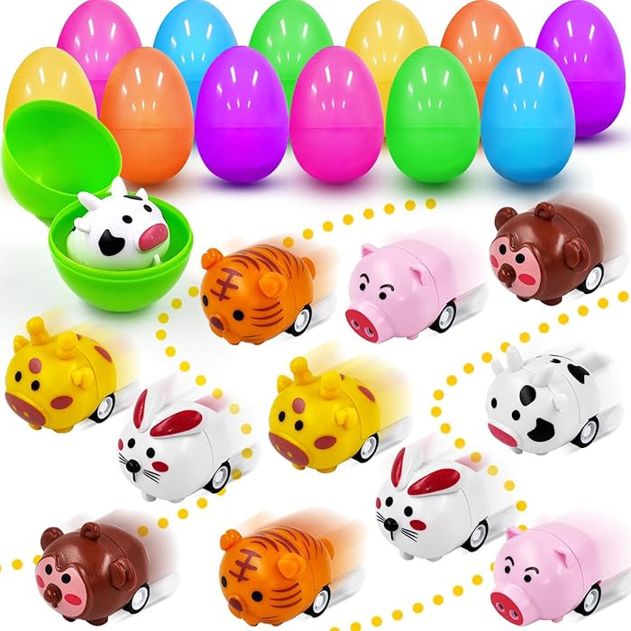 12 PCS Easter Eggs Filled with Animal Pull Back Car Toys, Easter Basket Stuffers for Kids Toddler... | Amazon (US)