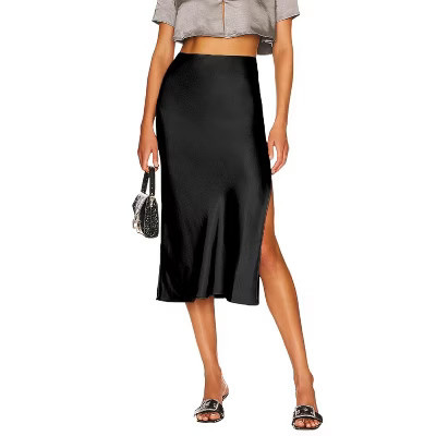 Women's Satin Midi Skirt Side Slit Silky Flowy Casual Formal Midi Skirt Black S | Target