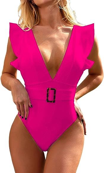 Avanova Women's One Piece Swimsuit Ruffle Deep V Neck Strappy Swimwear Bathing Suits | Amazon (US)